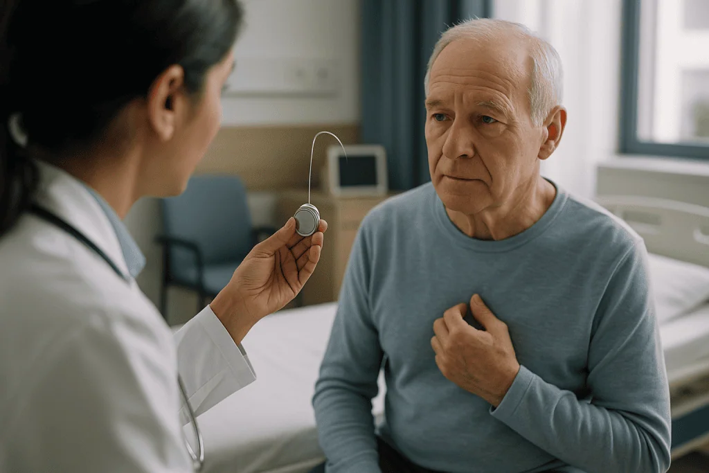 Neurologist consulting elderly patient during medical examination: What the DBS procedure involves, step by step
