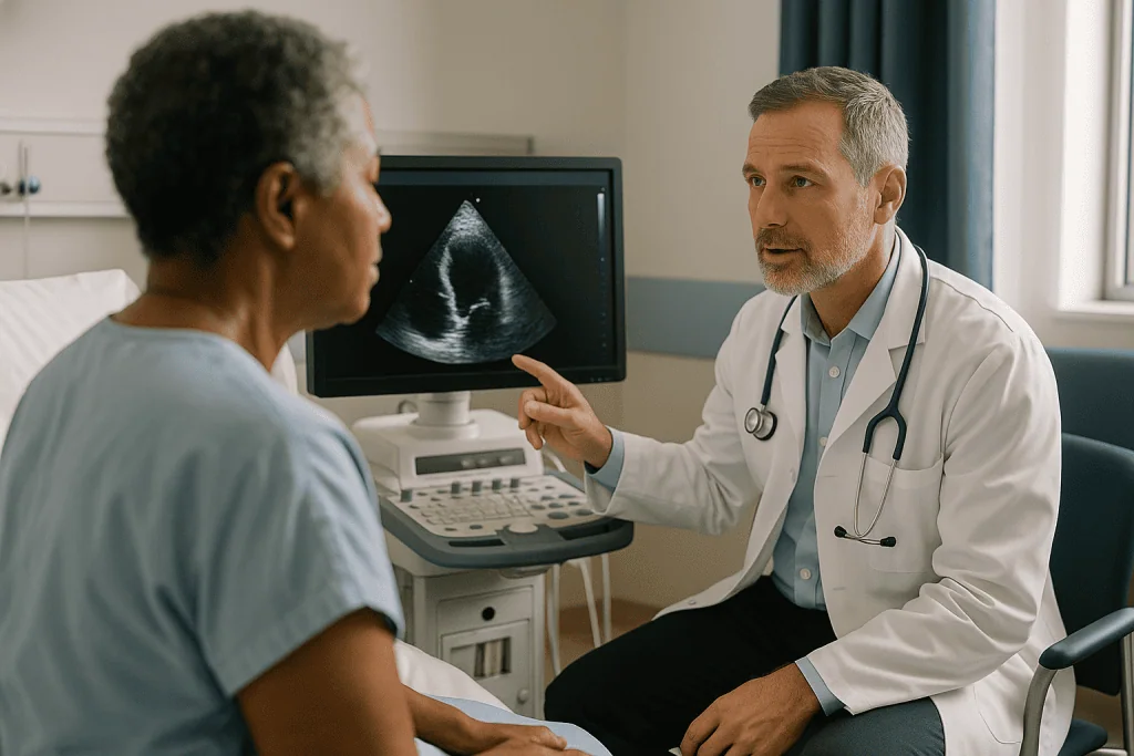 Cardiologist reviewing echocardiogram with patient: What the echocardiogram shows the surgical team