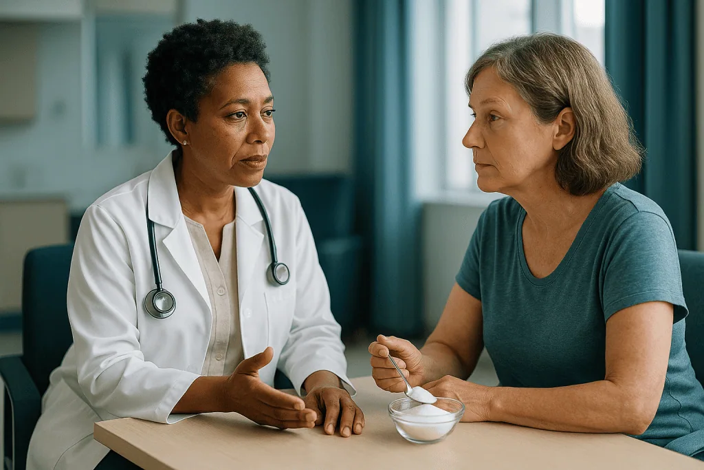 Doctor consulting with adult patient in clinical office: What the evidence actually says about allulose and erythritol, grad