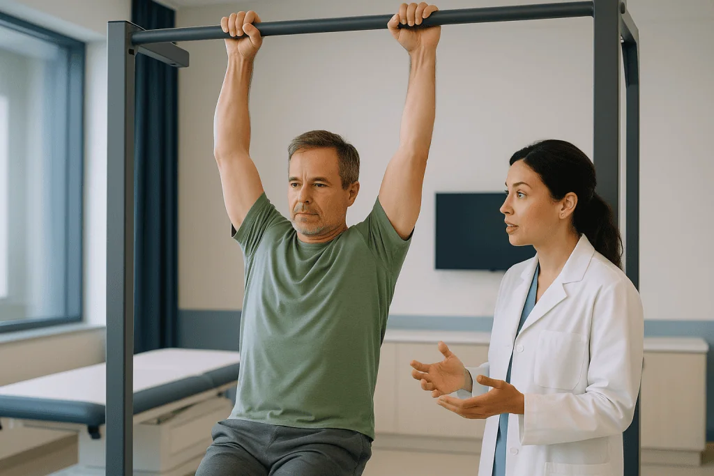 Patient performing dead hang exercise with physiotherapist observing: What the evidence actually says about dead hang benefi