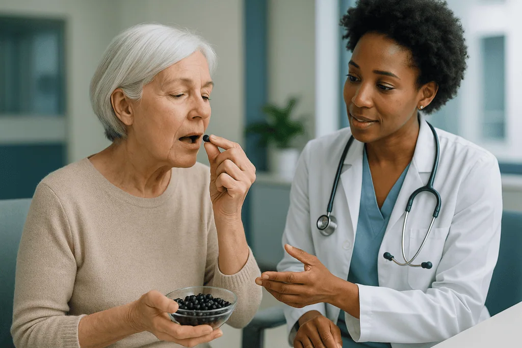 Doctor consulting senior patient about food choice: What the evidence actually says about elderberry for colds and flu