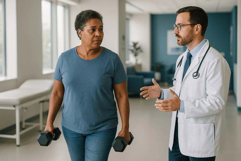 Doctor consulting patient with dumbbells in clinic — What the evidence actually says about farmers carry benefits