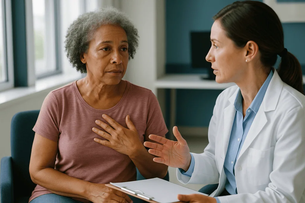 Doctor consulting with senior female patient about health: What the evidence actually says about hrt and breast cancer risk,
