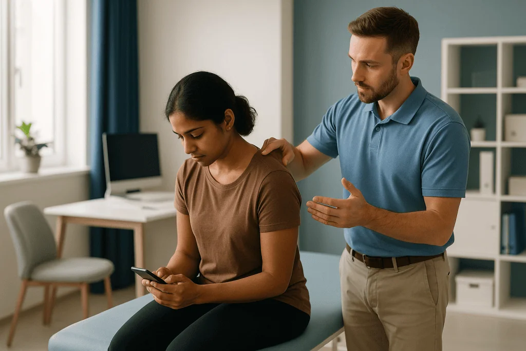 Healthcare provider consulting patient with smartphone indoors — What the evidence actually says about tech neck