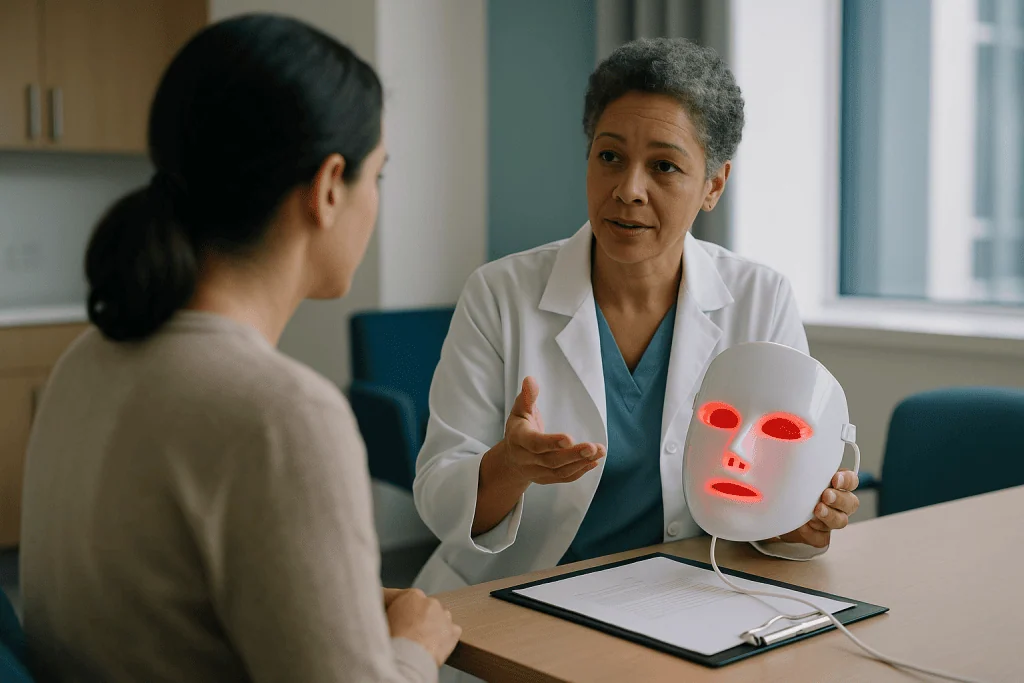Doctor consulting patient about red light therapy mask: What the evidence actually says, graded honestly