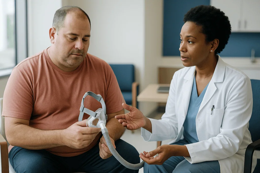 Doctor explaining CPAP mask to male patient: What the evidence actually says: grading the SURMOUNT-OSA trials