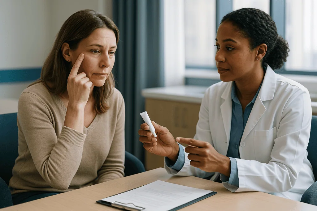 Doctor showing medication or sample to patient in consultation — What the evidence actually says: grading tretinoin vs retino