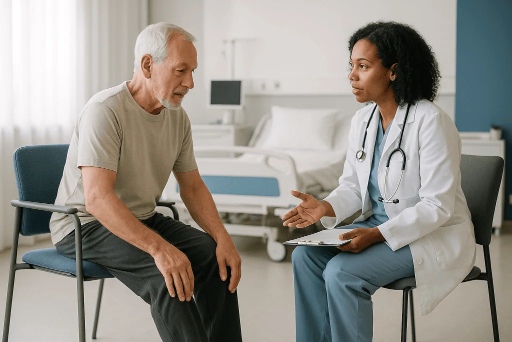 Doctor consulting with senior male patient in clinic: What the evidence says about spinal stenosis surgery results
