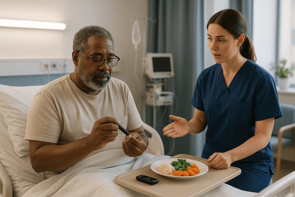 Healthcare worker discussing meal with patient in hospital: What the first 24 hours of DKA treatment usually look like