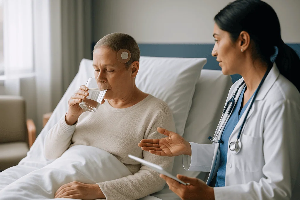 Doctor consulting patient in hospital bed, drinking water: What the first 24 hours of stereotactic biopsy recovery look like