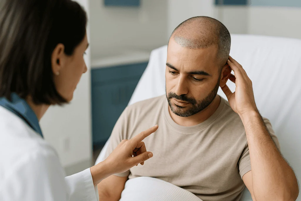 Doctor consulting with patient about head or scalp concern: What the first 72 hours after hair transplant repair look like