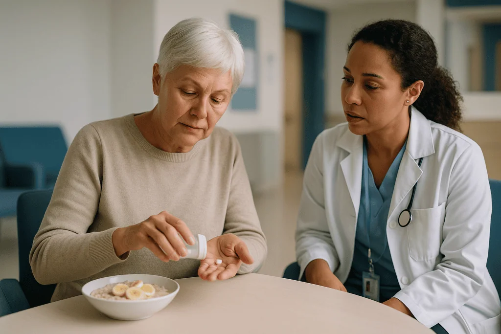Doctor consulting elderly patient with medication and cereal bowl: What the first days and weeks of PMR treatment usually lo