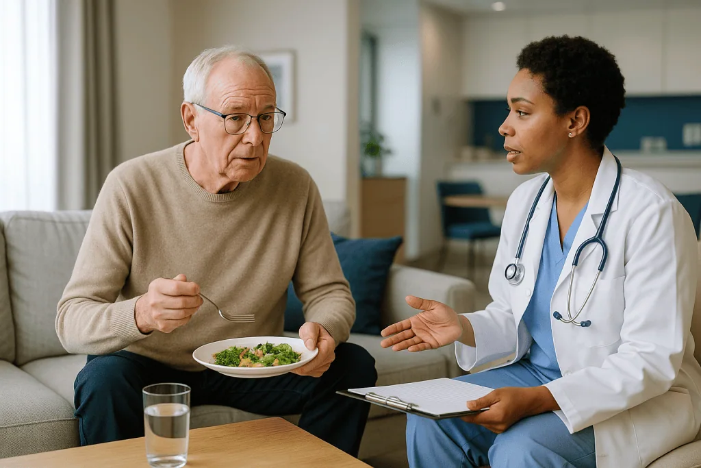 Doctor consulting elderly patient about healthy diet: What the first days at home usually look like