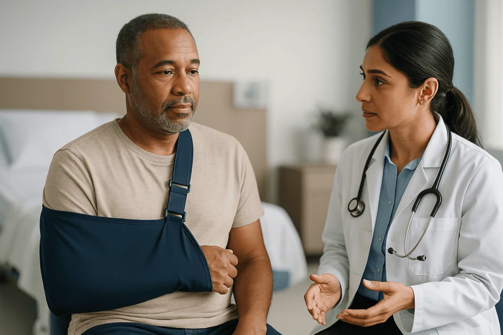 Doctor consulting patient with arm sling in clinical setting: What the first six weeks in a sling usually look like