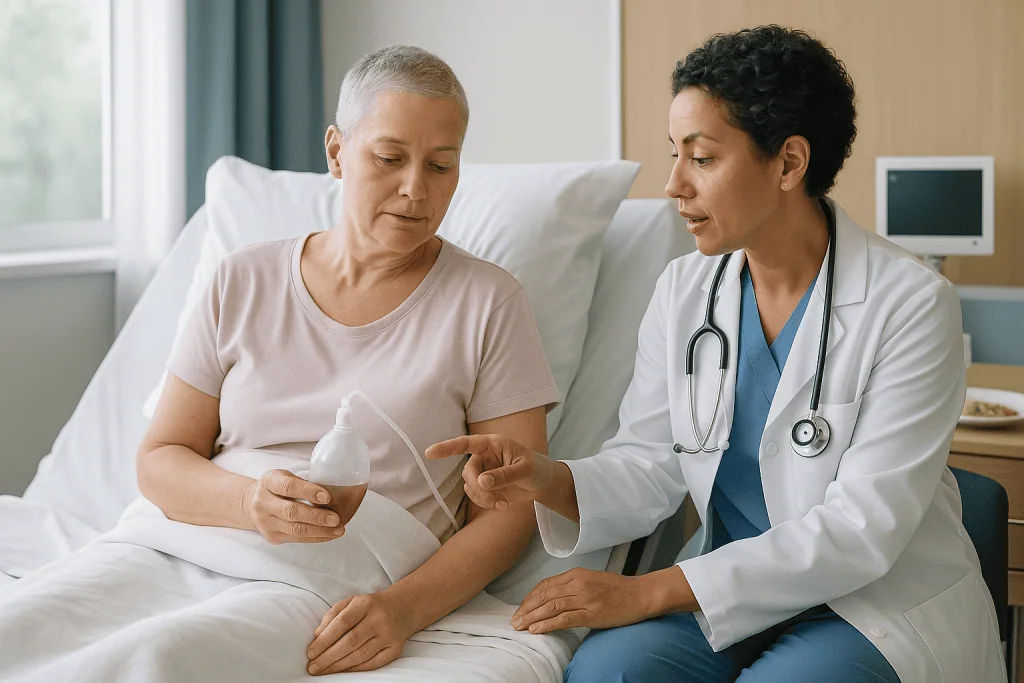 Doctor consulting with patient holding inhaler device — What the first two days after mastectomy usually feel like