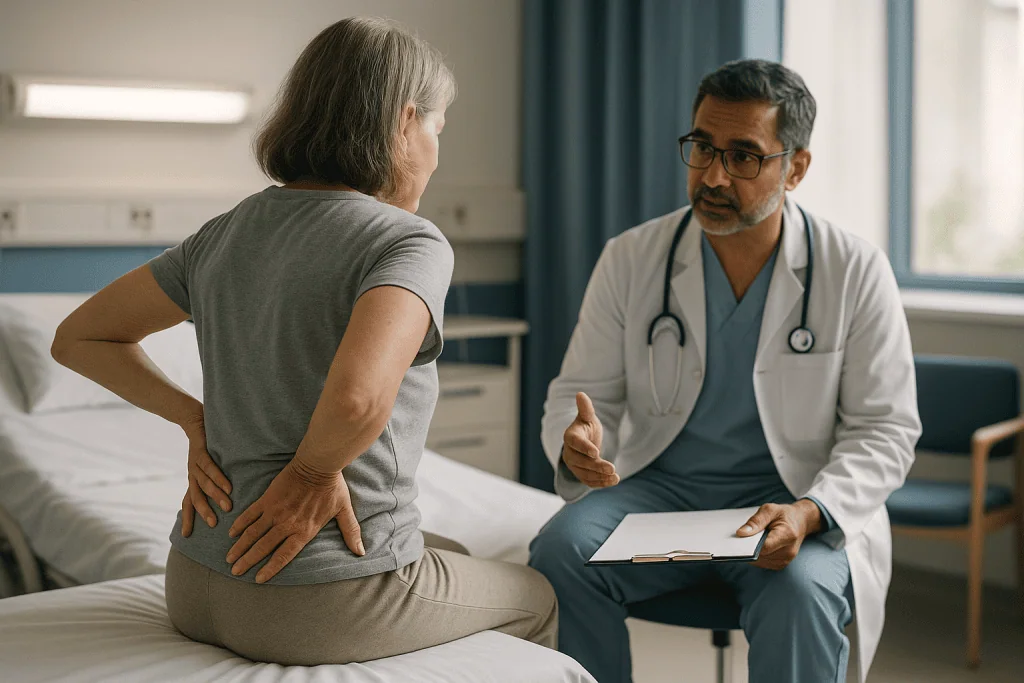 Doctor consulting patient about back pain in clinical setting: What the first two weeks usually look like, day by day