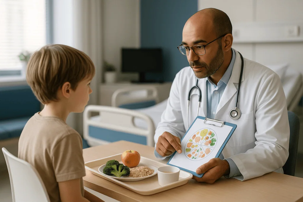 Doctor discussing nutrition guide with child patient: What the first weeks after a diagnosis usually look like