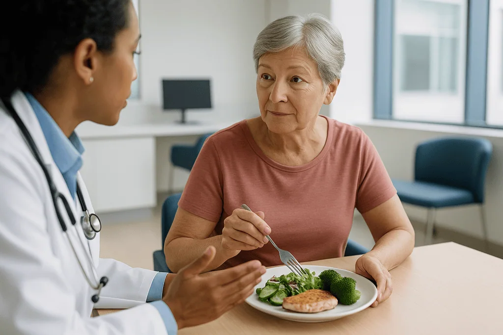 Doctor consulting patient about healthy diet with food: What the heart team weighs when choosing surgery over a stent