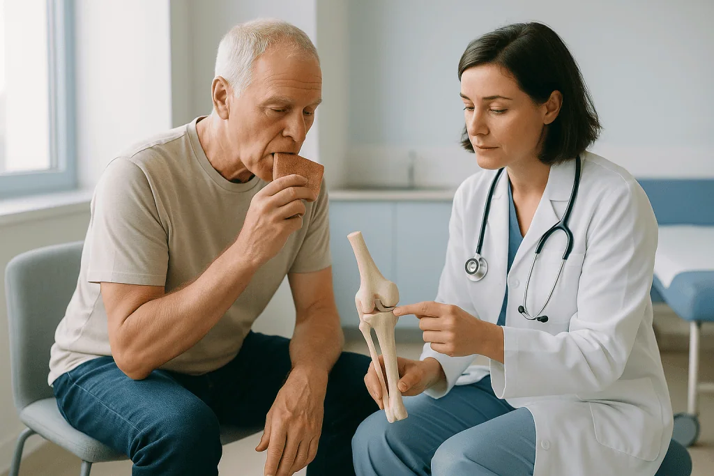Doctor showing knee anatomy model to senior patient: What the meniscus actually is, and why the tear's location decides ever