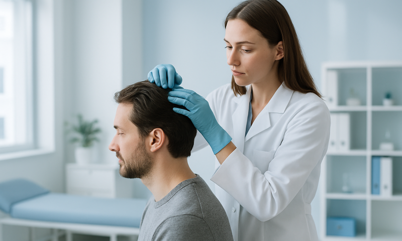 Medical professional performing microsurgery on patient's scalp with precision tools.