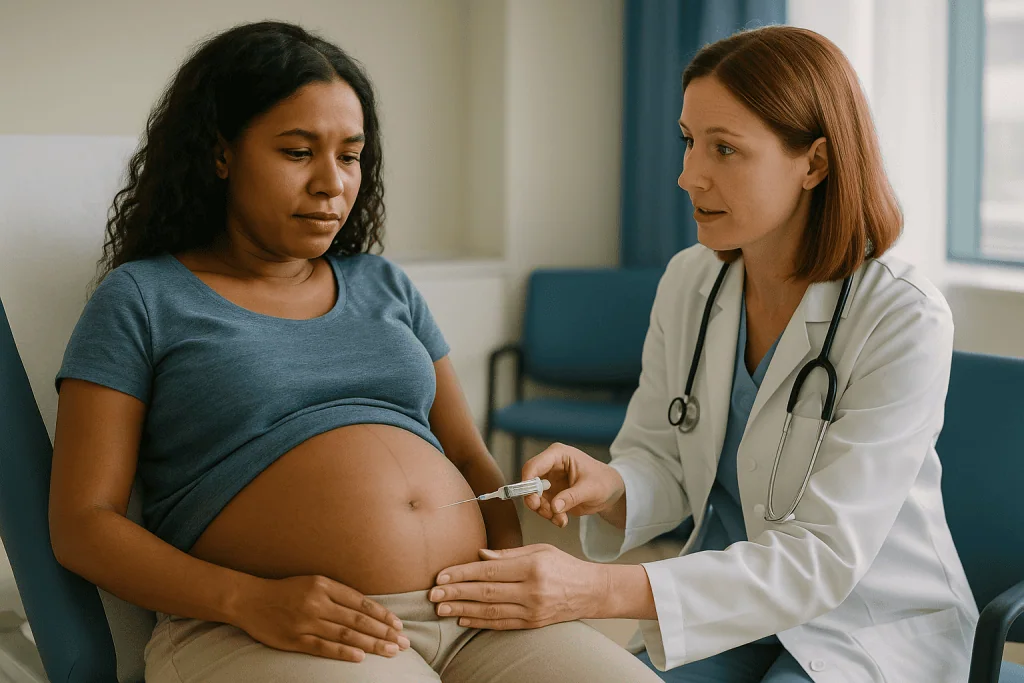 Pregnant woman receiving ultrasound from female OB/GYN doctor: What the needle feels like, moment by moment