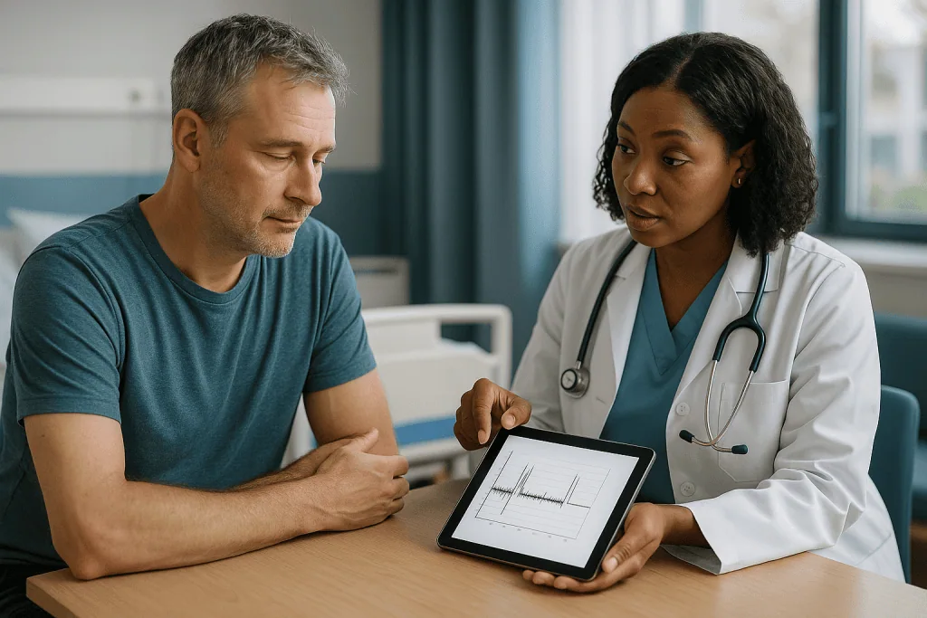 Doctor and patient reviewing test results on tablet — What the numbers mean: sleep latency and early REM
