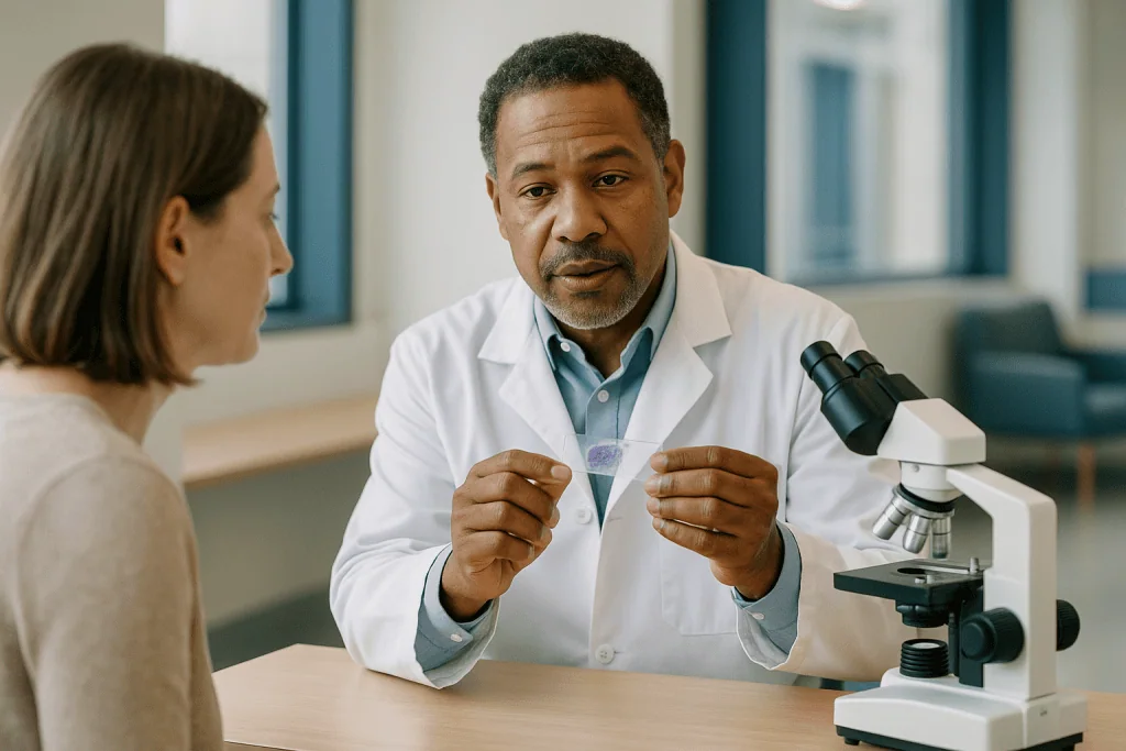 Doctor and patient consultation with microscope in laboratory: What the pathology report tells the board