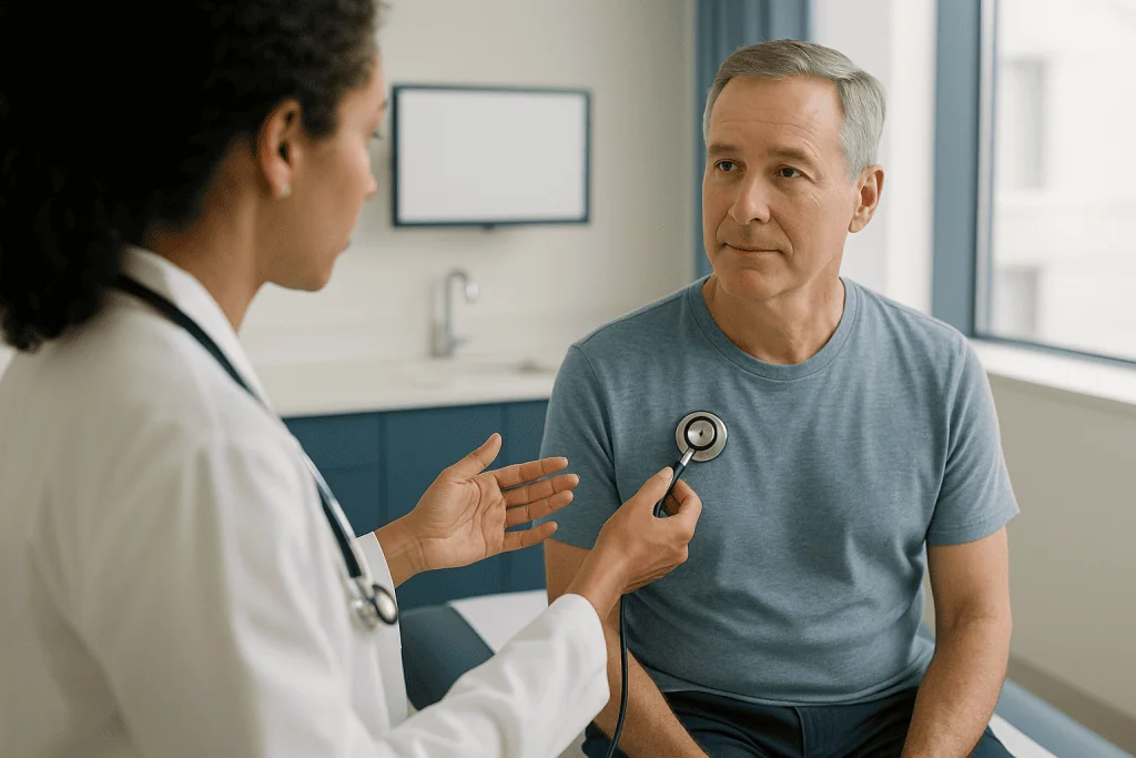 Doctor performing stethoscope examination on male patient: What the physical examination actually covers