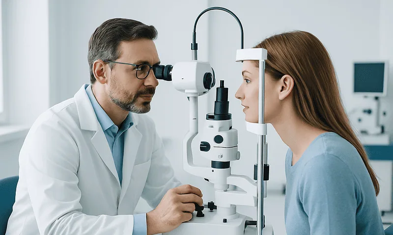 Optometrist performs eye examination using slit lamp microscope.