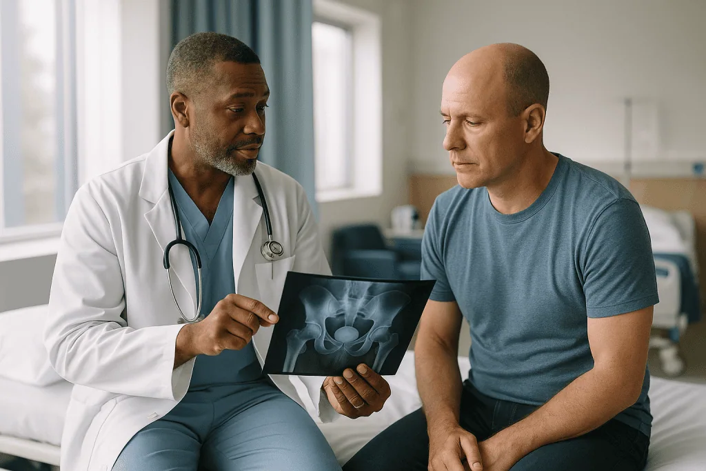 Doctor discussing pelvic X-ray with male patient: What the procedure name is telling you