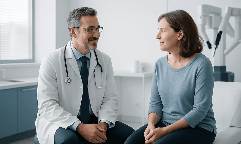 Doctor consulting with a female patient in a medical office.