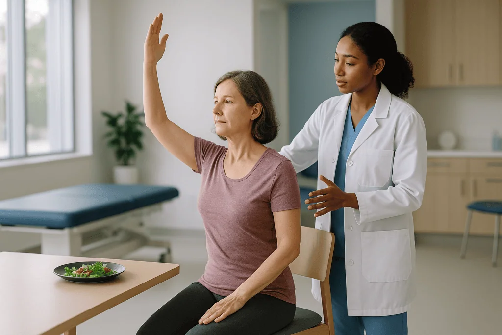 Adult patient performing shoulder mobility assessment with physician: What the Schroth method for adults is really trying to