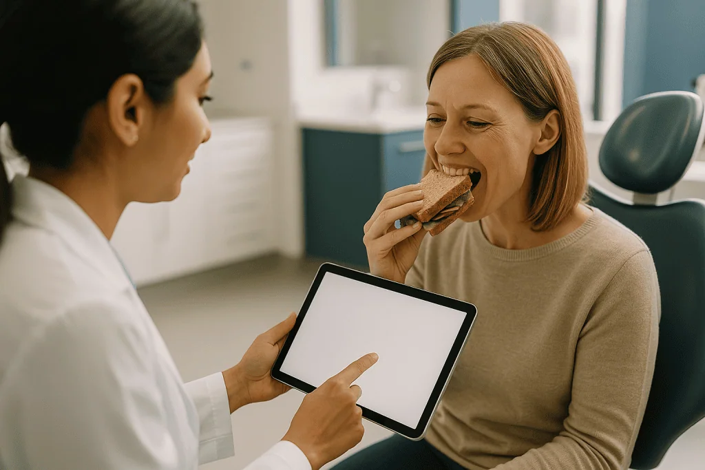 Woman eating sandwich while healthcare provider shows tablet: What the smile makeover photographs capture and why there are 