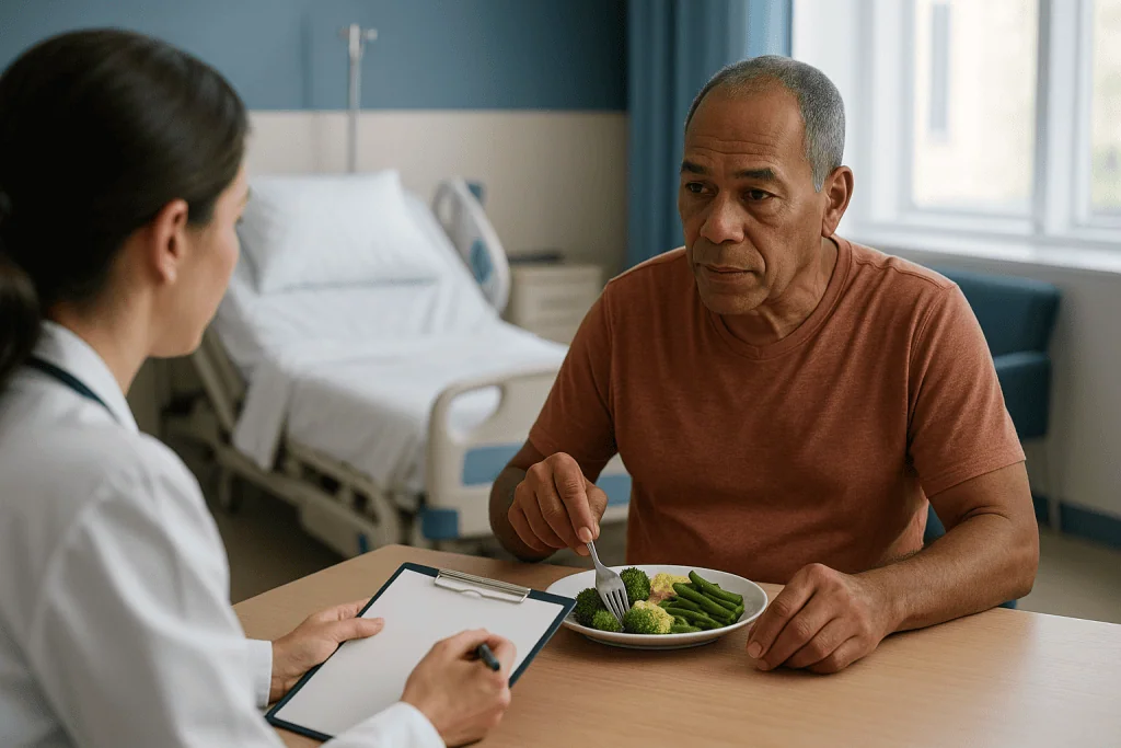 Patient eating healthy meal while consulting with healthcare provider: What the stages of kidney disease mean for treatment 