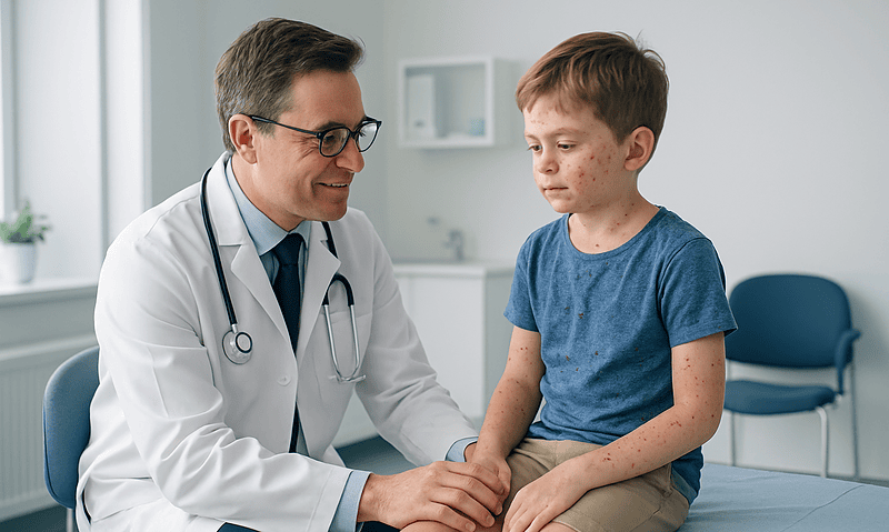 Doctor examining a young boy with chickenpox symptoms in a clinic.