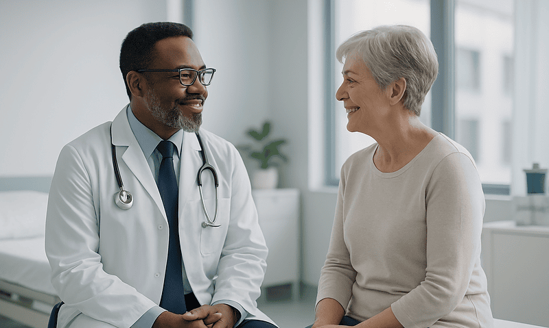 Doctor talking with an elderly female patient in a hospital room.