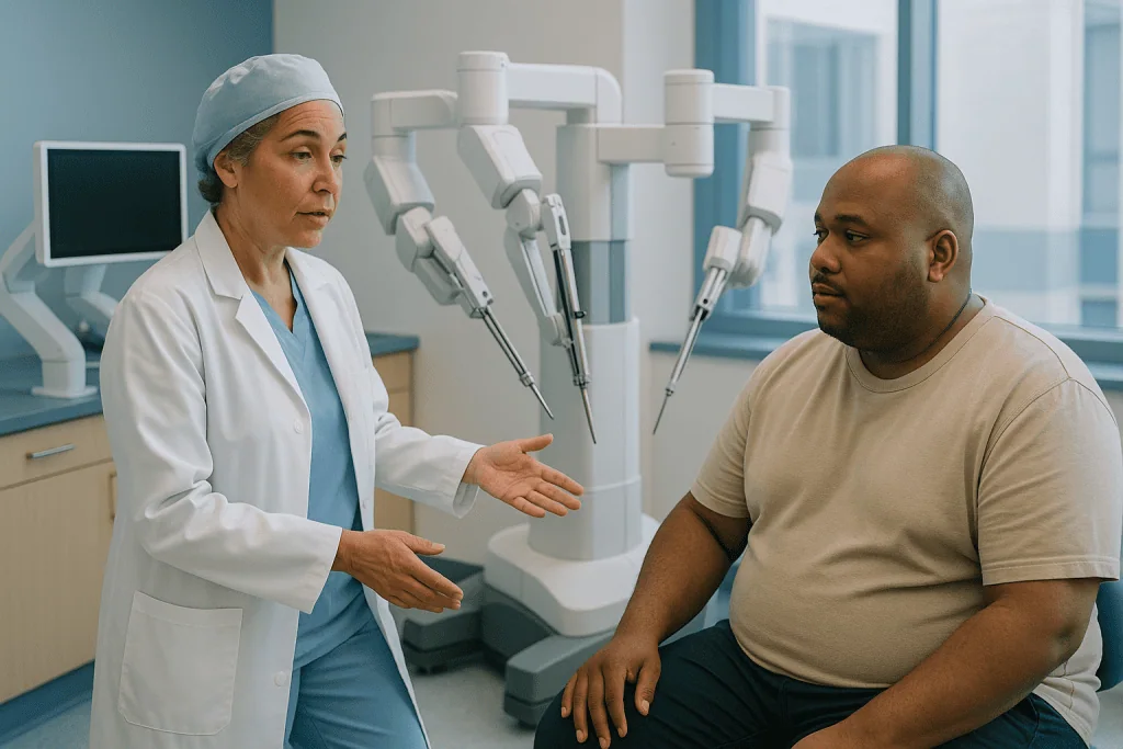 Doctor consulting patient in clinical examination room: What the surgical robot actually is, and what it is not