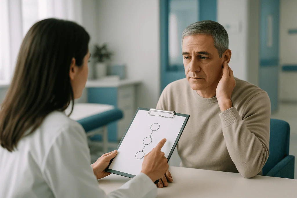 Healthcare professional consulting patient with diagram: What the timing tells an ENT surgeon: hours, weeks, and years