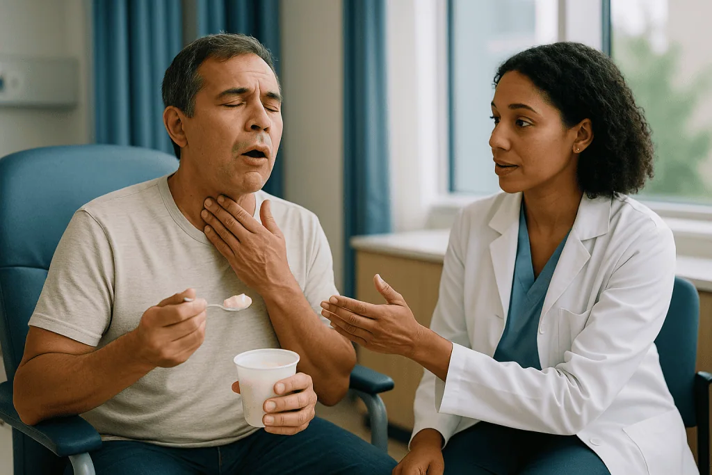 Doctor consulting male patient about throat symptoms: What the weeks of chemoradiation usually feel like in the throat