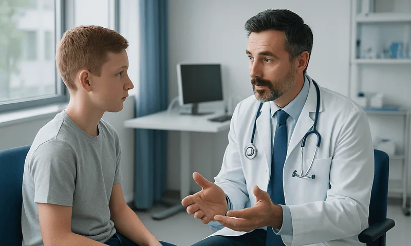 Pediatric consultation with a doctor discussing ear surgery options.