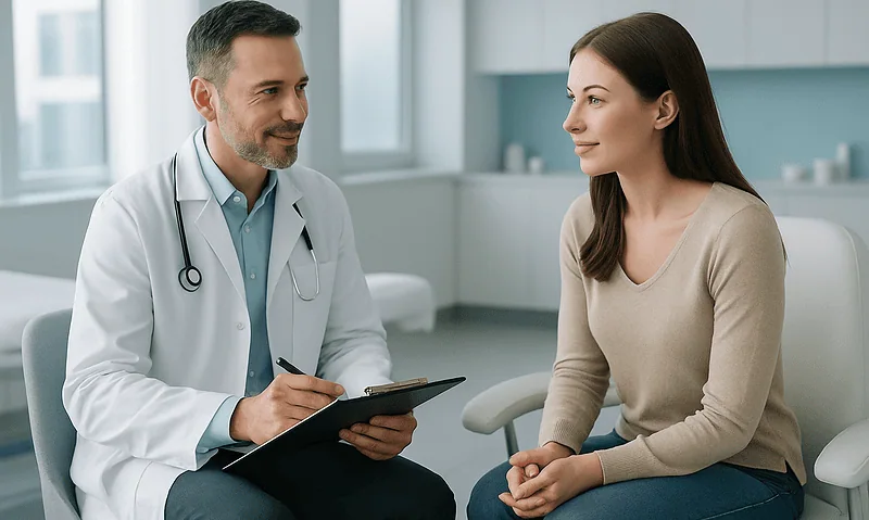 Doctor consulting with a patient in a modern medical office.