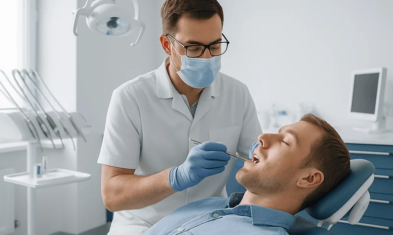 Dentist performing dental examination on patient in clinic.