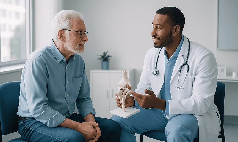 Orthopedic surgeon explaining hip replacement options to elderly patient.