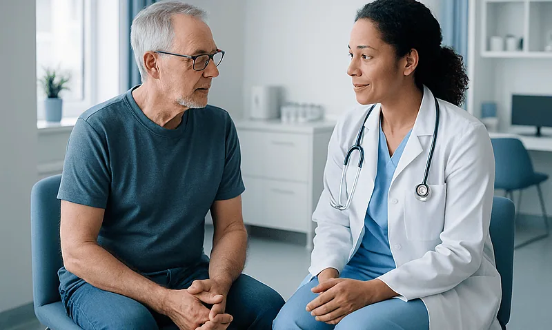 Doctor consulting with an elderly male patient in a medical office.