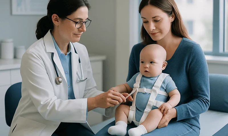Pediatrician examining a baby with a mother during a hospital visit.