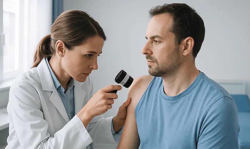 Doctor examining patient's skin with a dermatoscope in a clinic setting.