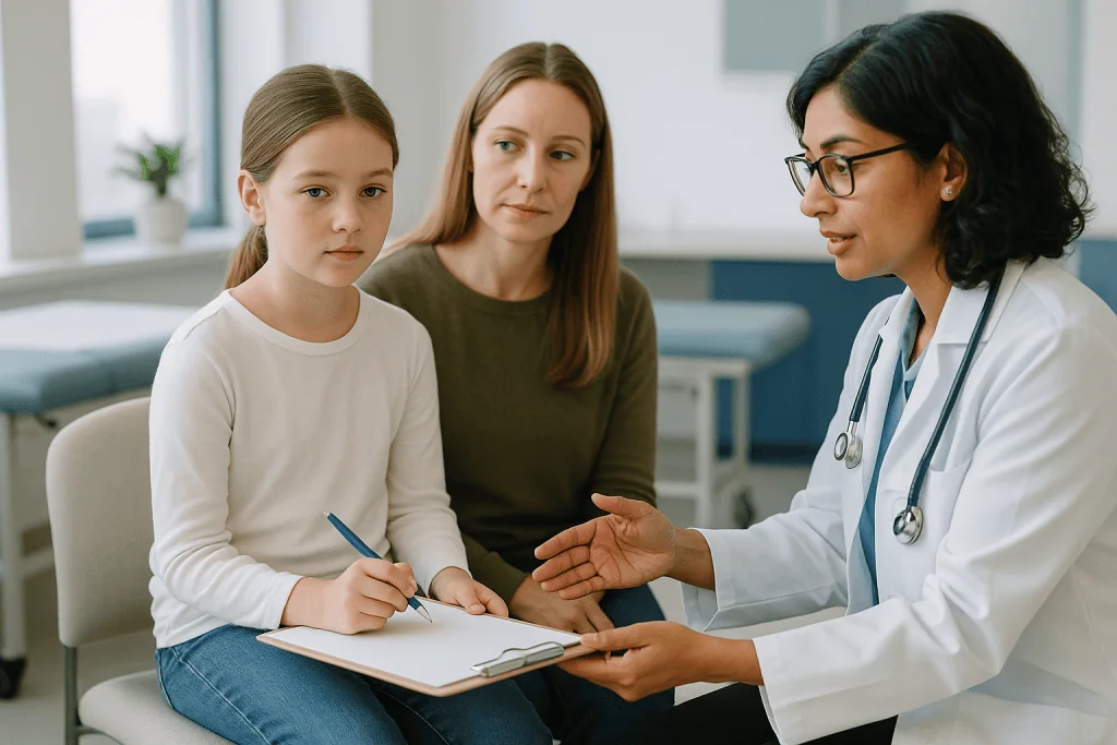 Doctor consulting with child and mother in clinical setting: What to bring to a juvenile idiopathic arthritis first appointm