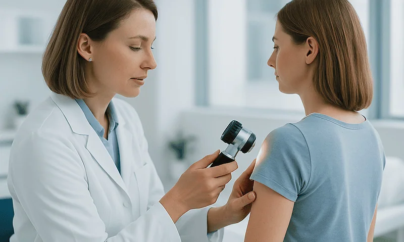 Doctor examining a patient's arm with a dermatoscope in a clinical setting.