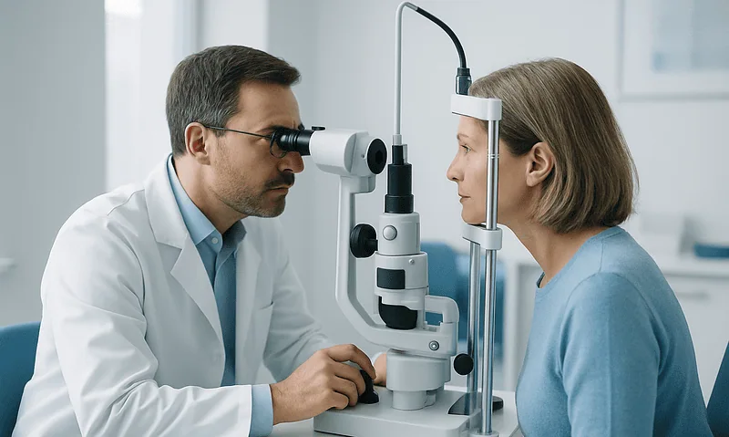 Ophthalmologist examining a patient's eyes with a slit lamp.