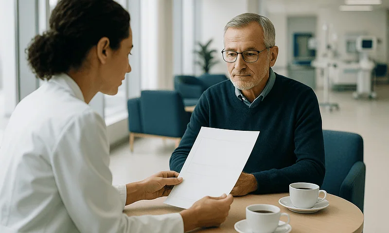Doctor consulting with an elderly patient in a modern medical office.